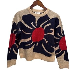 THML Womens Tan Navy Red Oversized Floral Knit Sweater Small